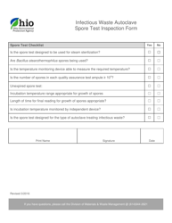 Infectious Waste Autoclave Spore Test Inspection Form - Ohio