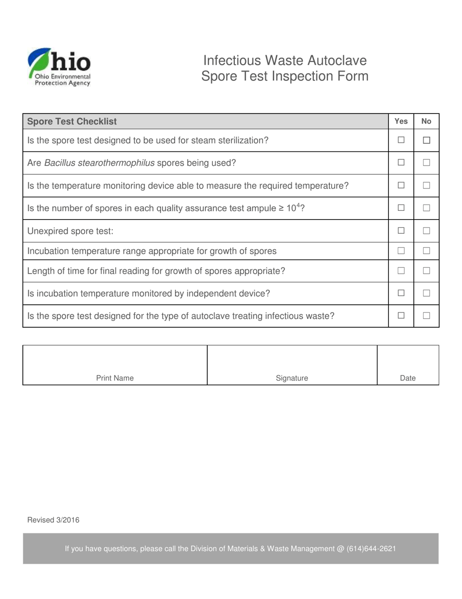 Infectious Waste Autoclave Spore Test Inspection Form - Ohio, Page 1