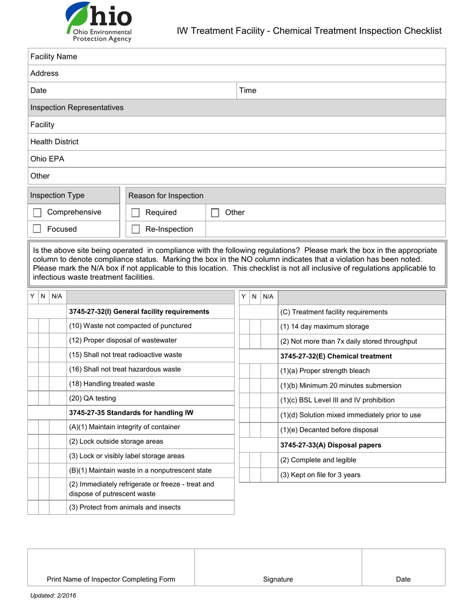 Iw Treatment Facility - Chemical Treatment Inspection Checklist - Ohio, Page 1