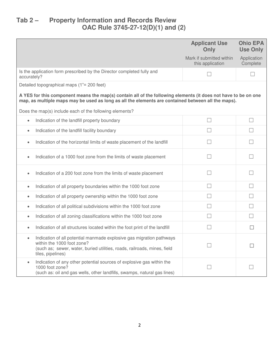 Explosive Gas Monitoring Plan Checklist Application - Ohio, Page 2