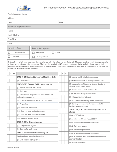 Iw Treatment Facility - Heat Encapsulation Inspection Checklist - Ohio Download Pdf