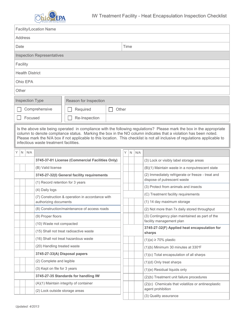 Ohio Iw Treatment Facility - Heat Encapsulation Inspection Checklist ...