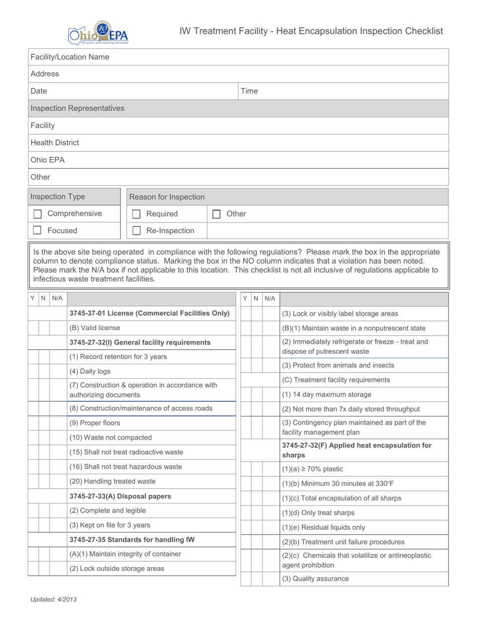 Iw Treatment Facility - Heat Encapsulation Inspection Checklist - Ohio, Page 1