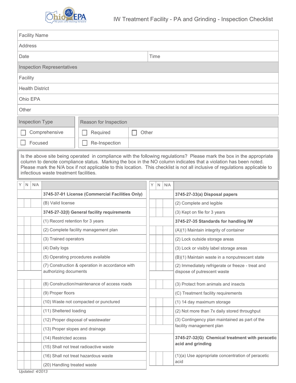 Ohio Iw Treatment Facility Pa and Grinding Inspection Checklist