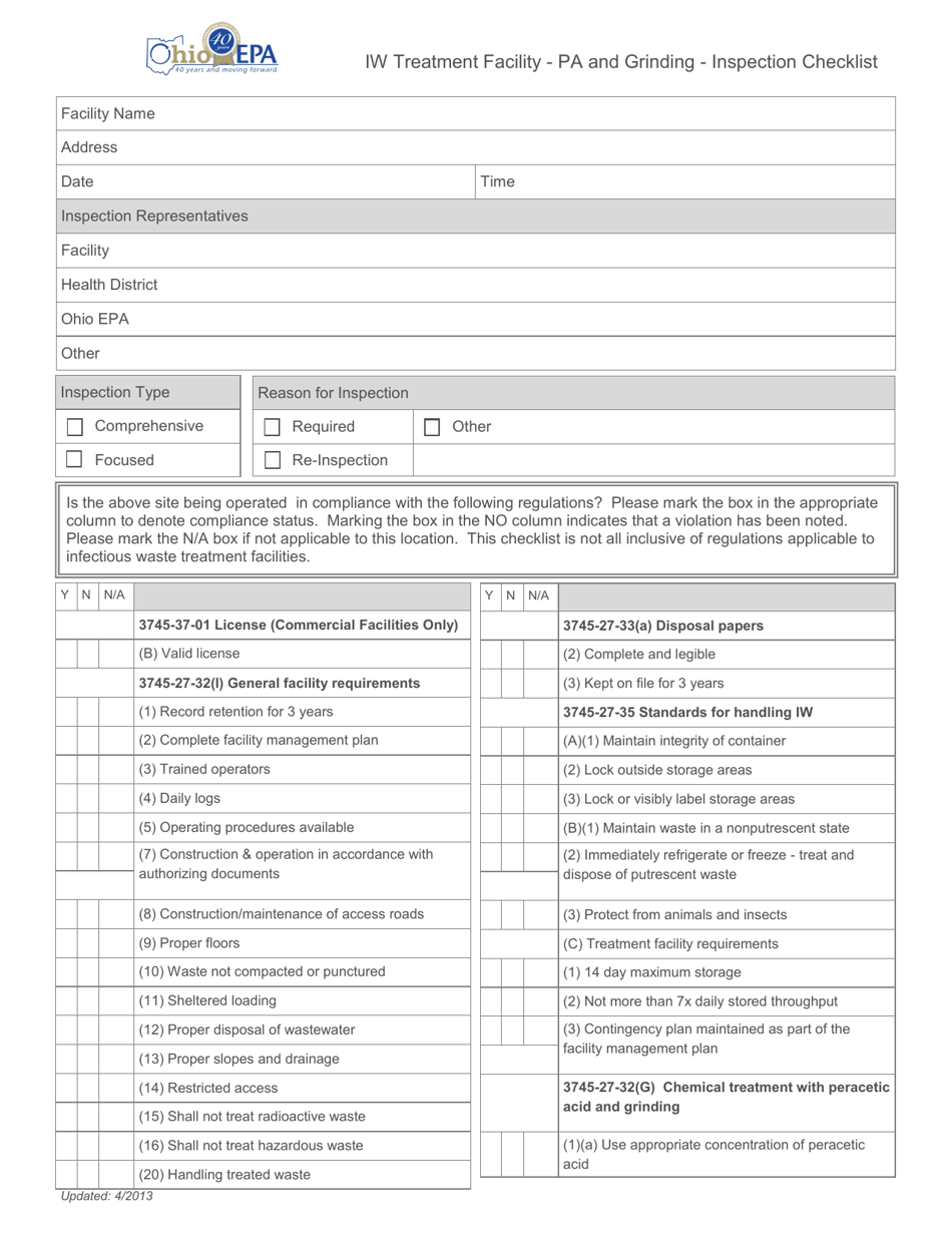 Iw Treatment Facility - Pa and Grinding - Inspection Checklist - Ohio, Page 1