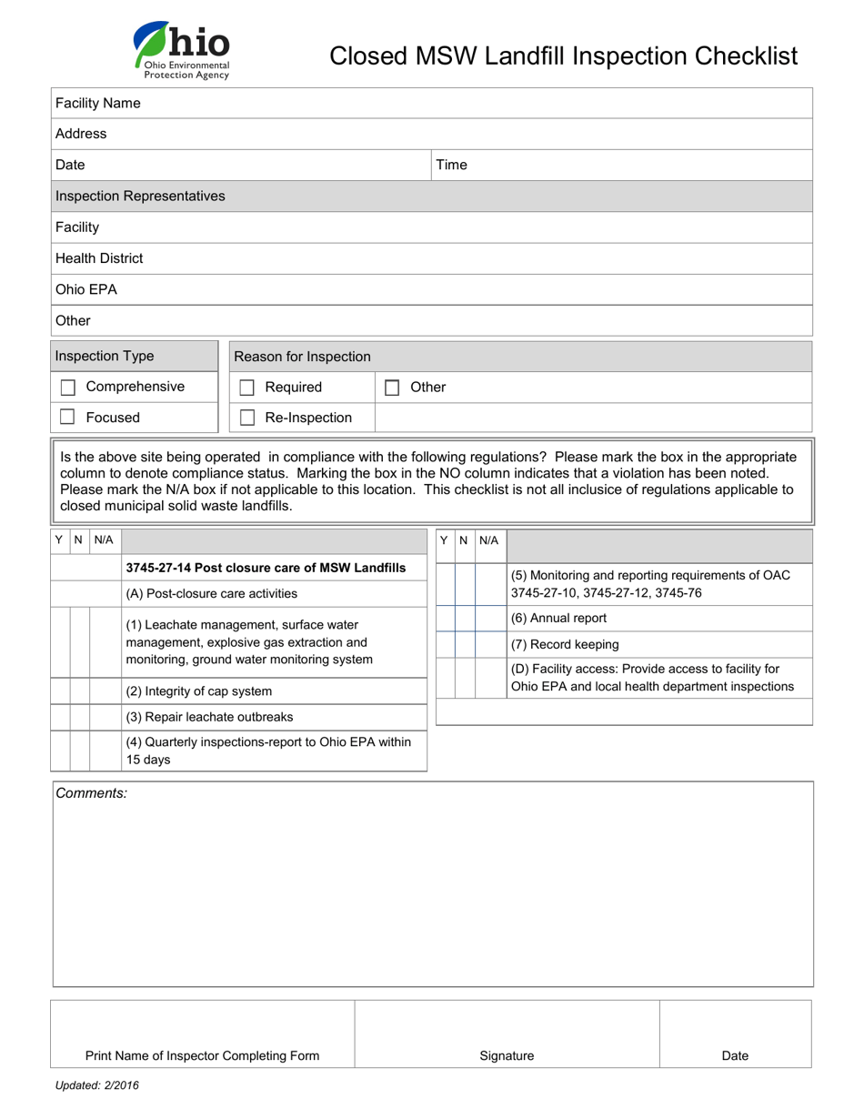 Ohio Closed Msw Landfill Inspection Checklist Download Printable PDF ...