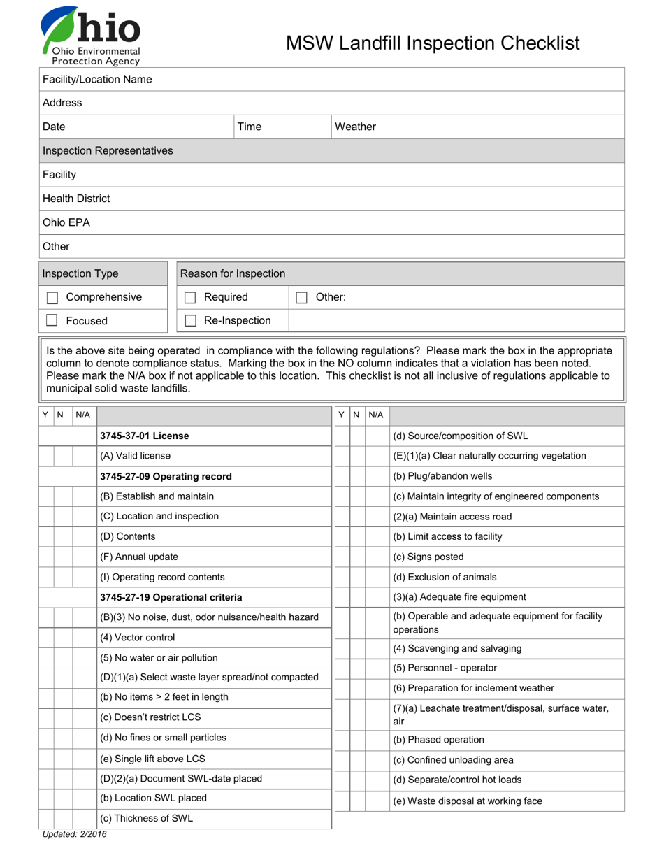 Msw Landfill Inspection Checklist - Ohio, Page 1