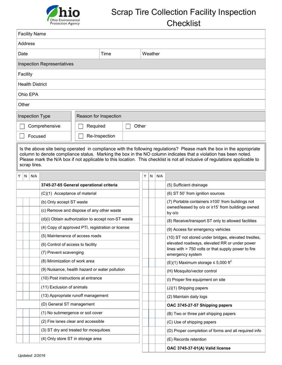 Ohio Scrap Tire Collection Facility Inspection Checklist Fill Out