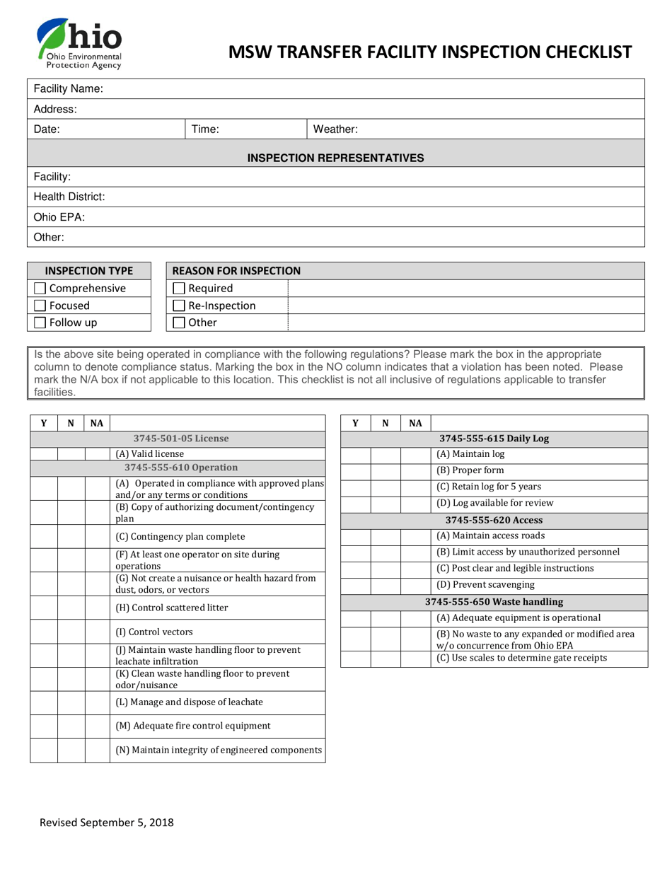 Msw Transfer Facility Inspection Checklist - Ohio, Page 1