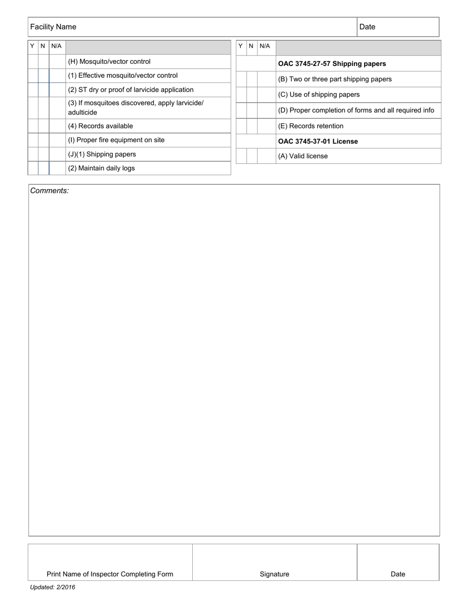 Scrap Tire Storage Facility Inspection Checklist - Ohio, Page 2