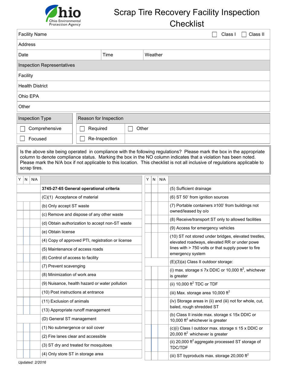 Ohio Scrap Tire Recovery Facility Inspection Checklist Fill Out Sign Online And Download PDF