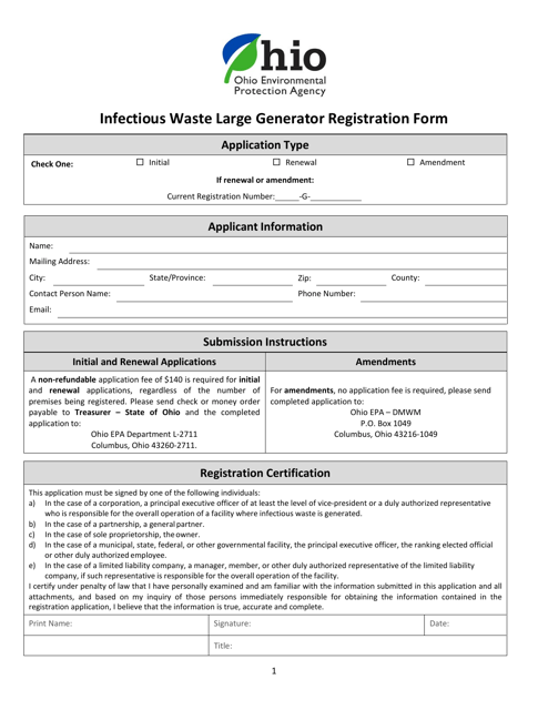 Infectious Waste Large Generator Registration Form - Ohio Download Pdf