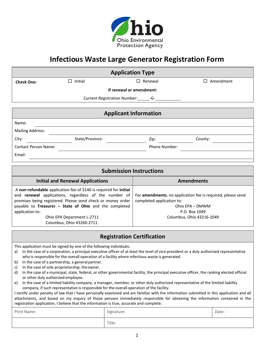 Infectious Waste Large Generator Registration Form - Ohio, Page 1
