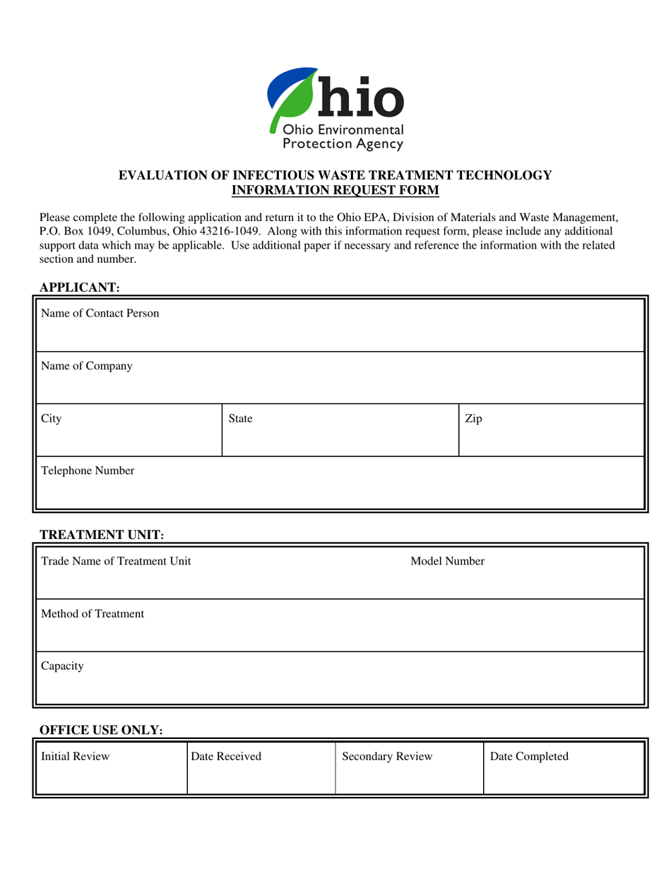 Information Request Form - Evaluation of Infectious Waste Treatment Technology - Ohio, Page 1