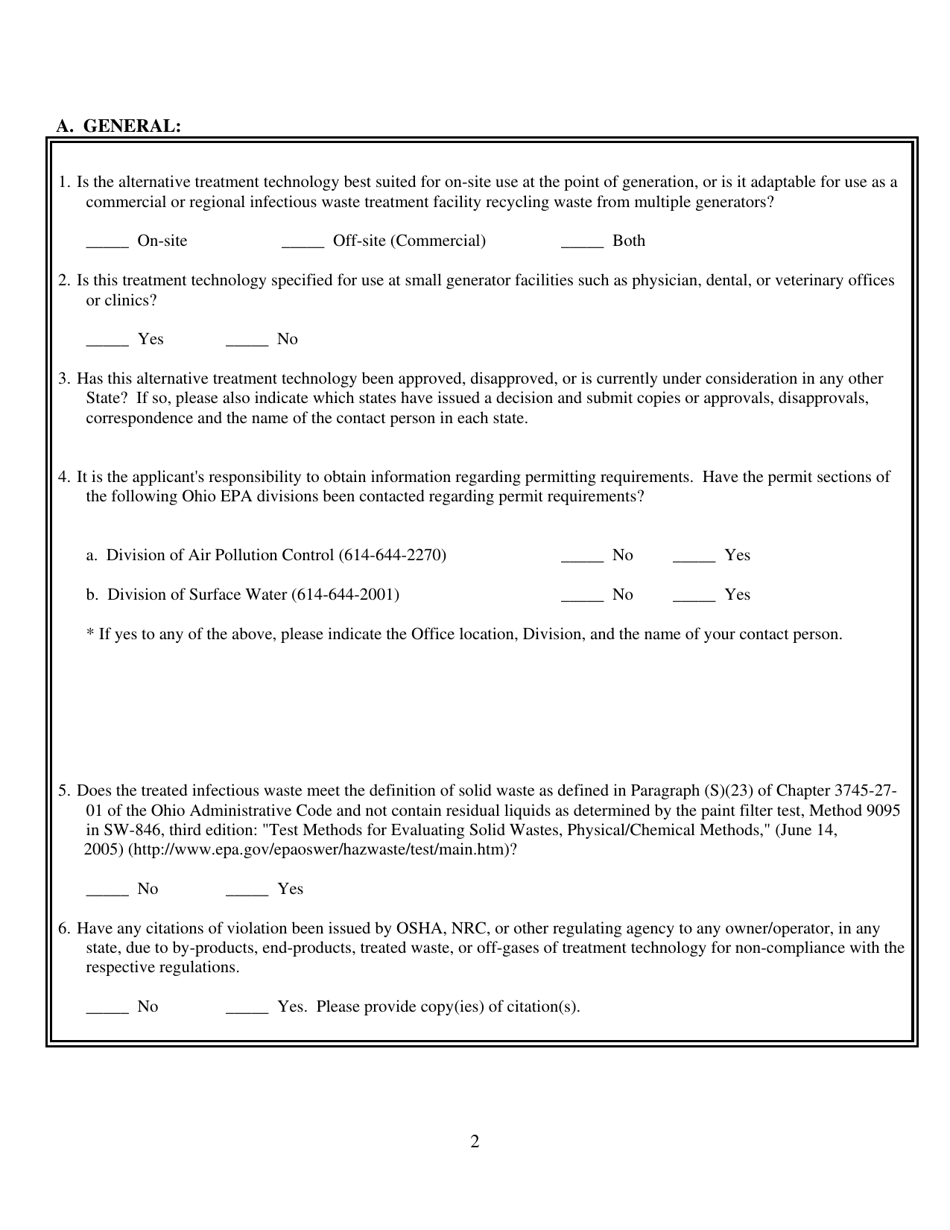 Information Request Form - Evaluation of Infectious Waste Treatment Technology - Ohio, Page 2