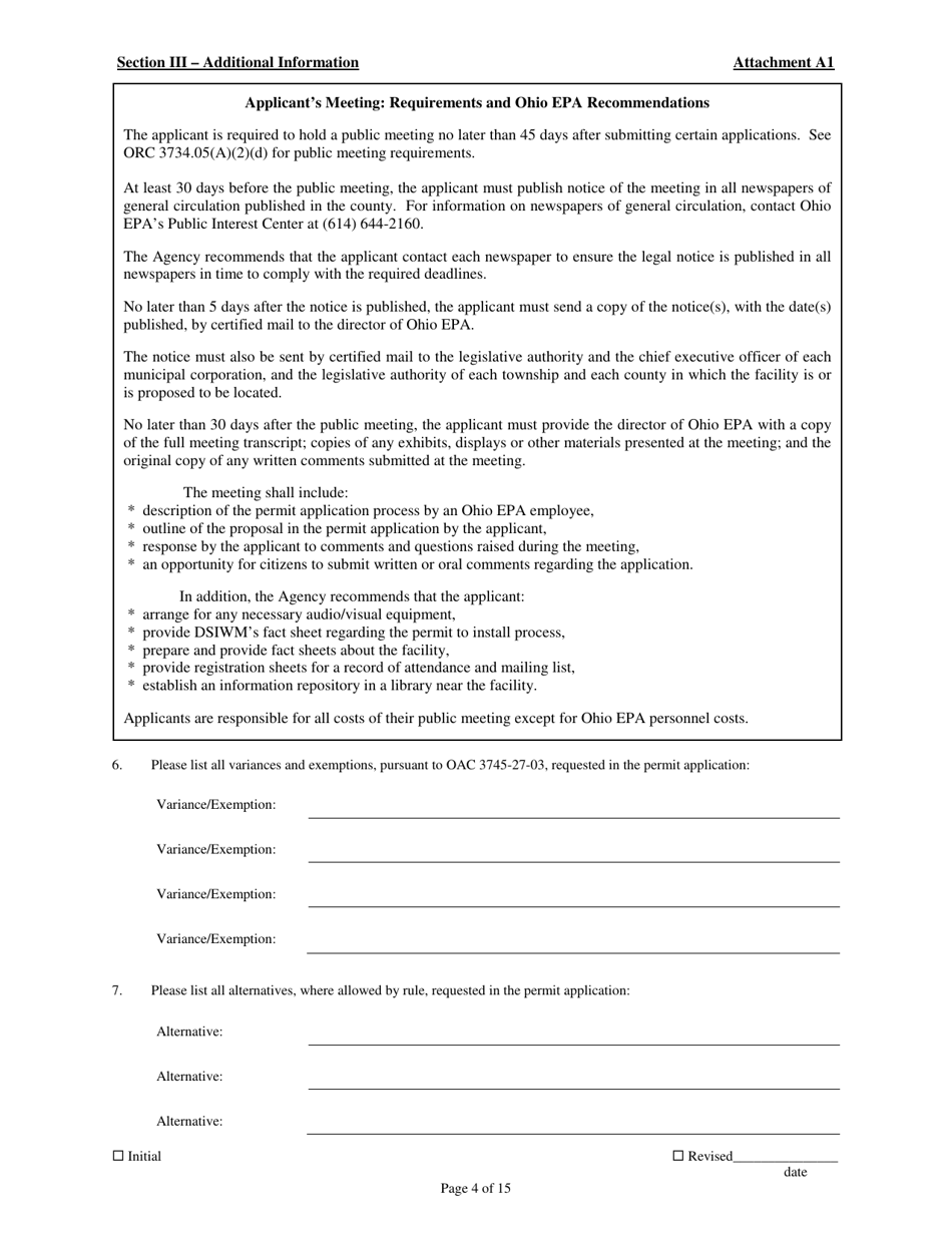 Attachment A1 Permit to Install Application Form - Municipal, Industrial, and Residual Solid Waste Landfills - Ohio, Page 4