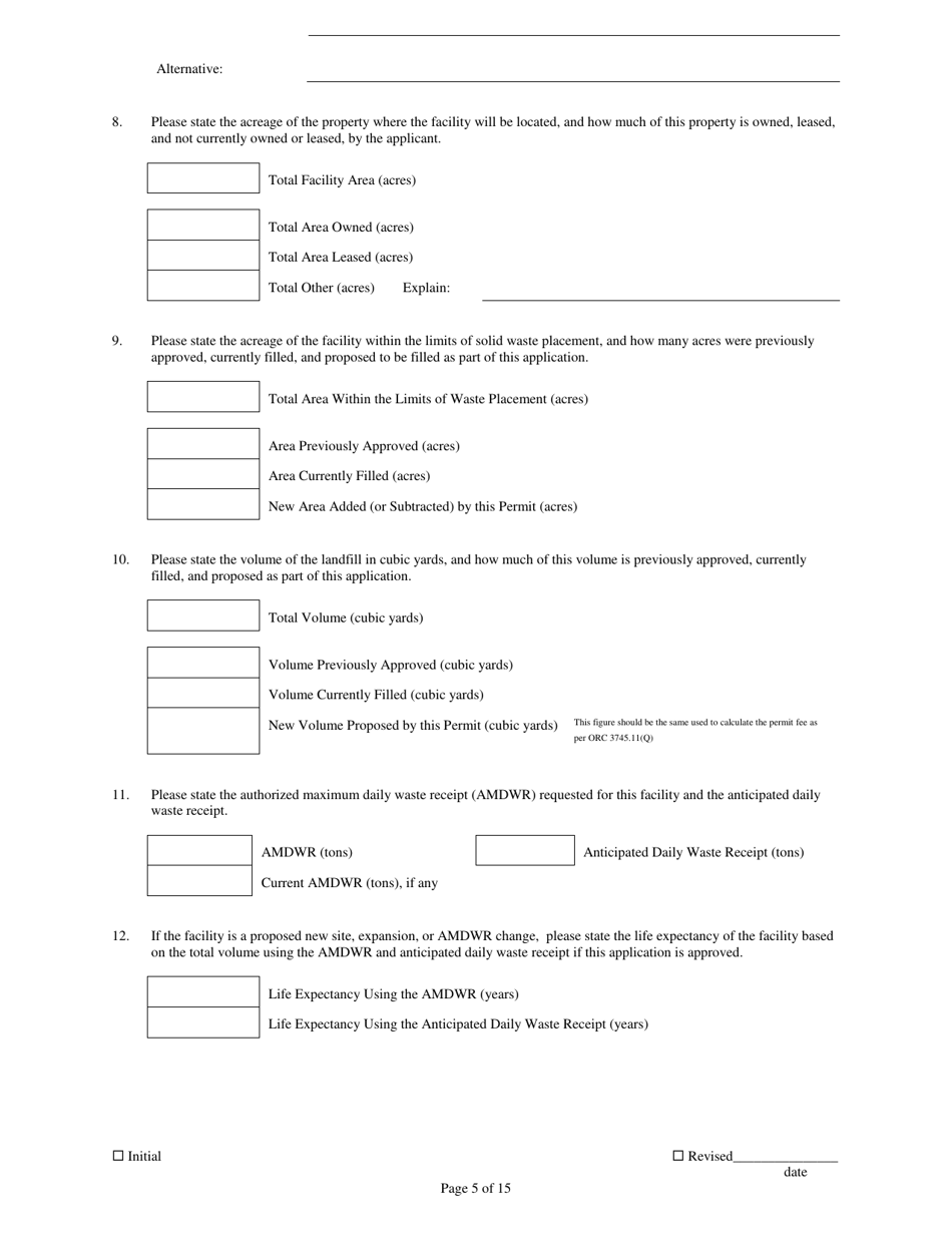 Attachment A1 Permit to Install Application Form - Municipal, Industrial, and Residual Solid Waste Landfills - Ohio, Page 5