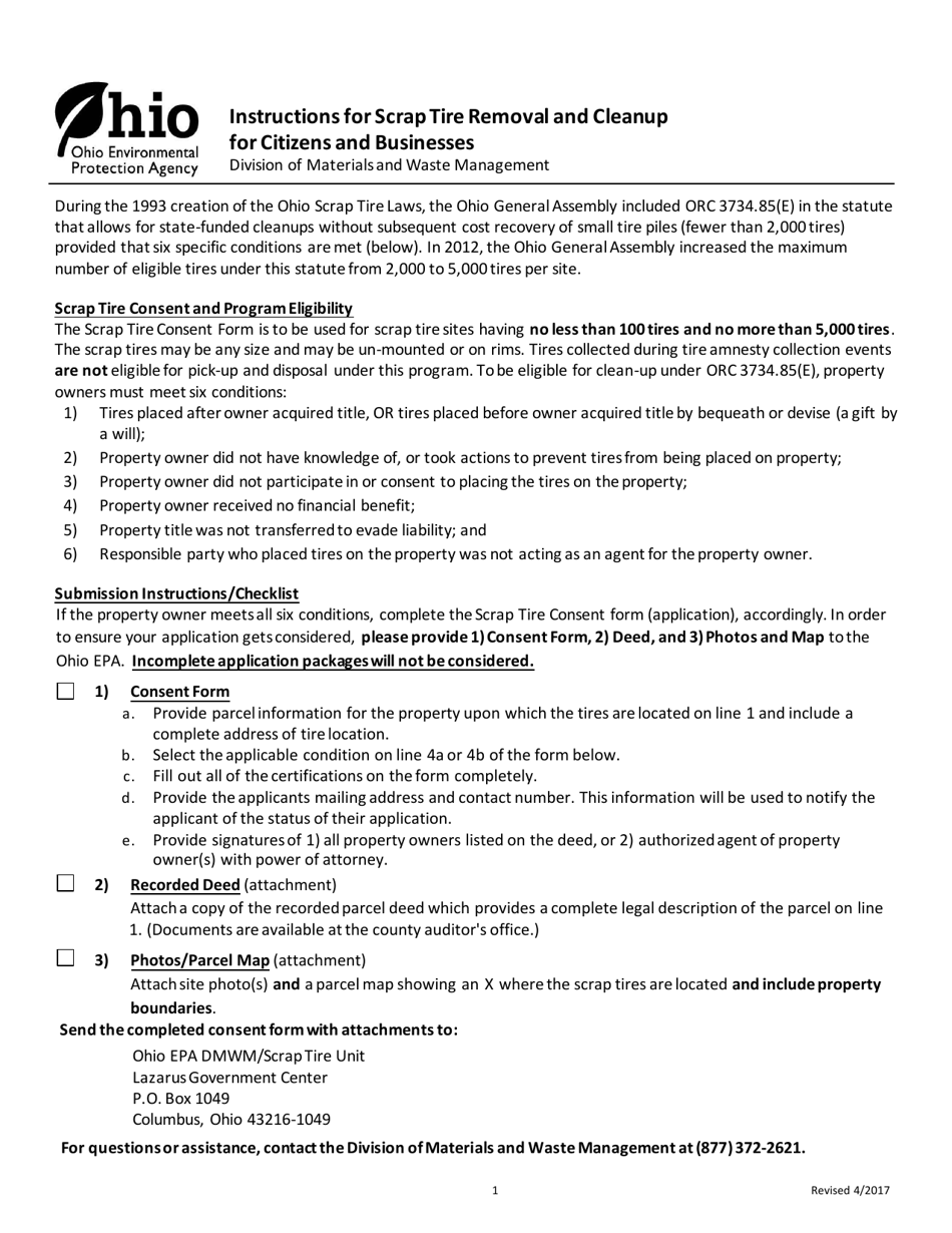Scrap Tire Removal Certifications and Consent Form for Citizens and Businesses - Ohio, Page 1