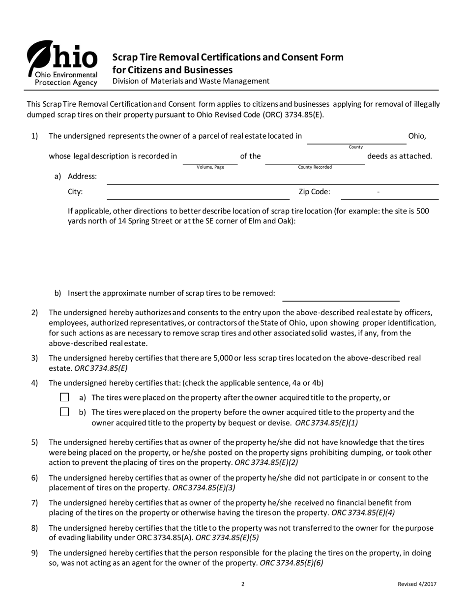 Scrap Tire Removal Certifications and Consent Form for Citizens and Businesses - Ohio, Page 2