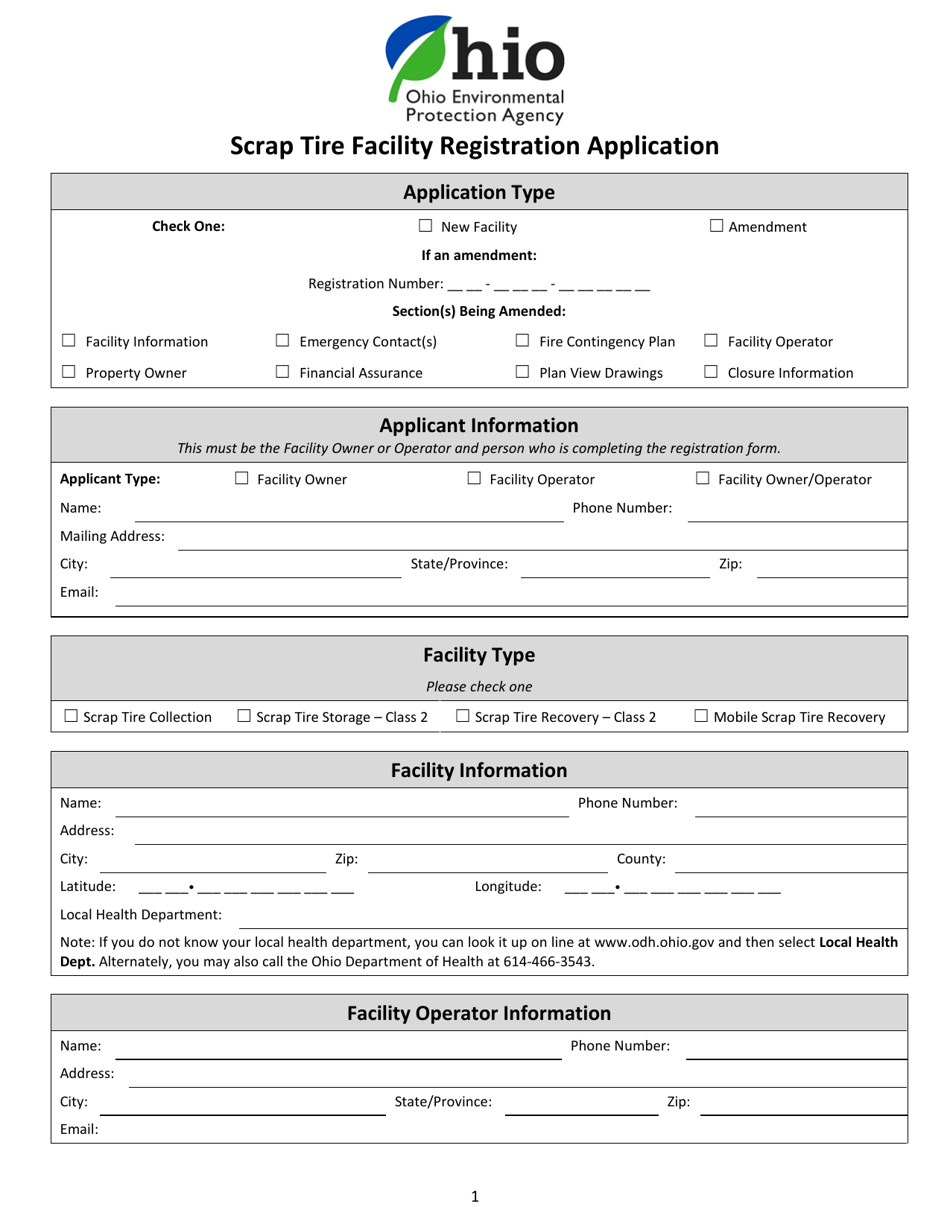 Scrap Tire Facility Registration Application - Ohio, Page 1