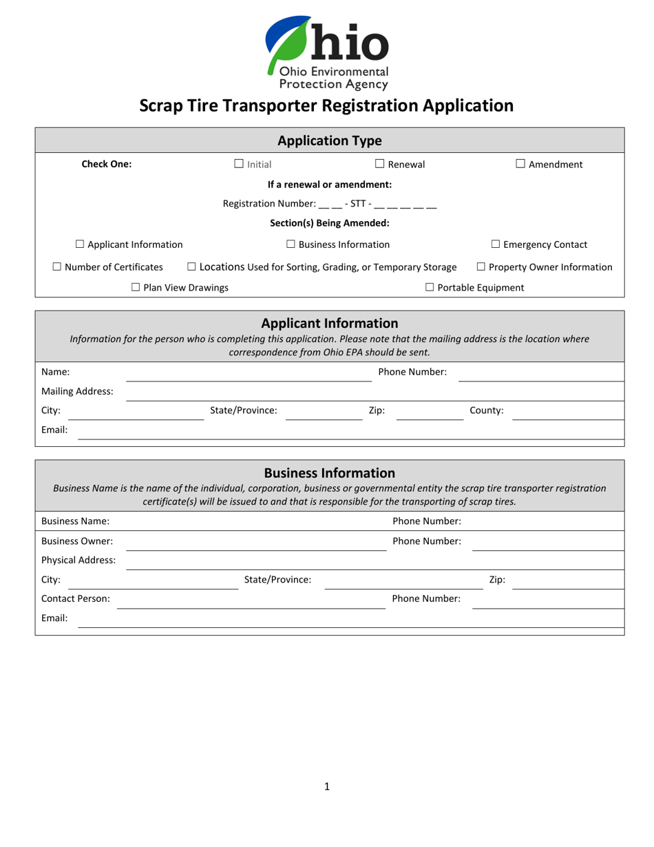 Scrap Tire Transporter Registration Application - Ohio, Page 1