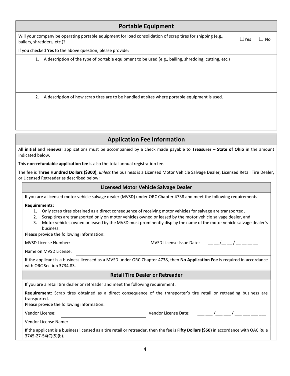 Scrap Tire Transporter Registration Application - Ohio, Page 4