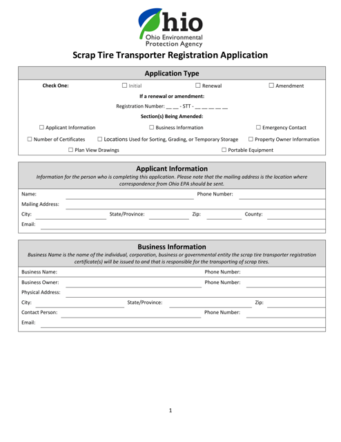 Scrap Tire Transporter Registration Application - Ohio Download Pdf