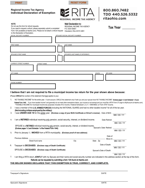 Ohio Individual Declaration Of Exemption Download Fillable PDF 