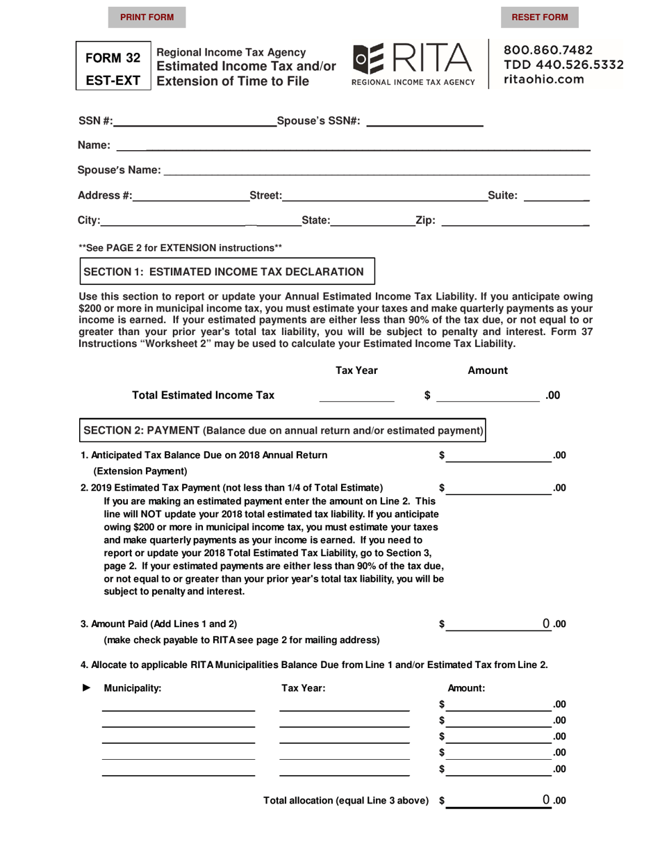 Form 32 EST-EXT - Fill Out, Sign Online and Download Fillable PDF, Ohio ...