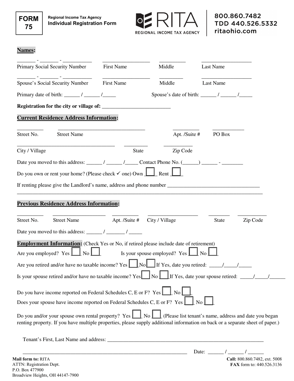 Form 75 Individual Registration Form - Ohio, Page 1