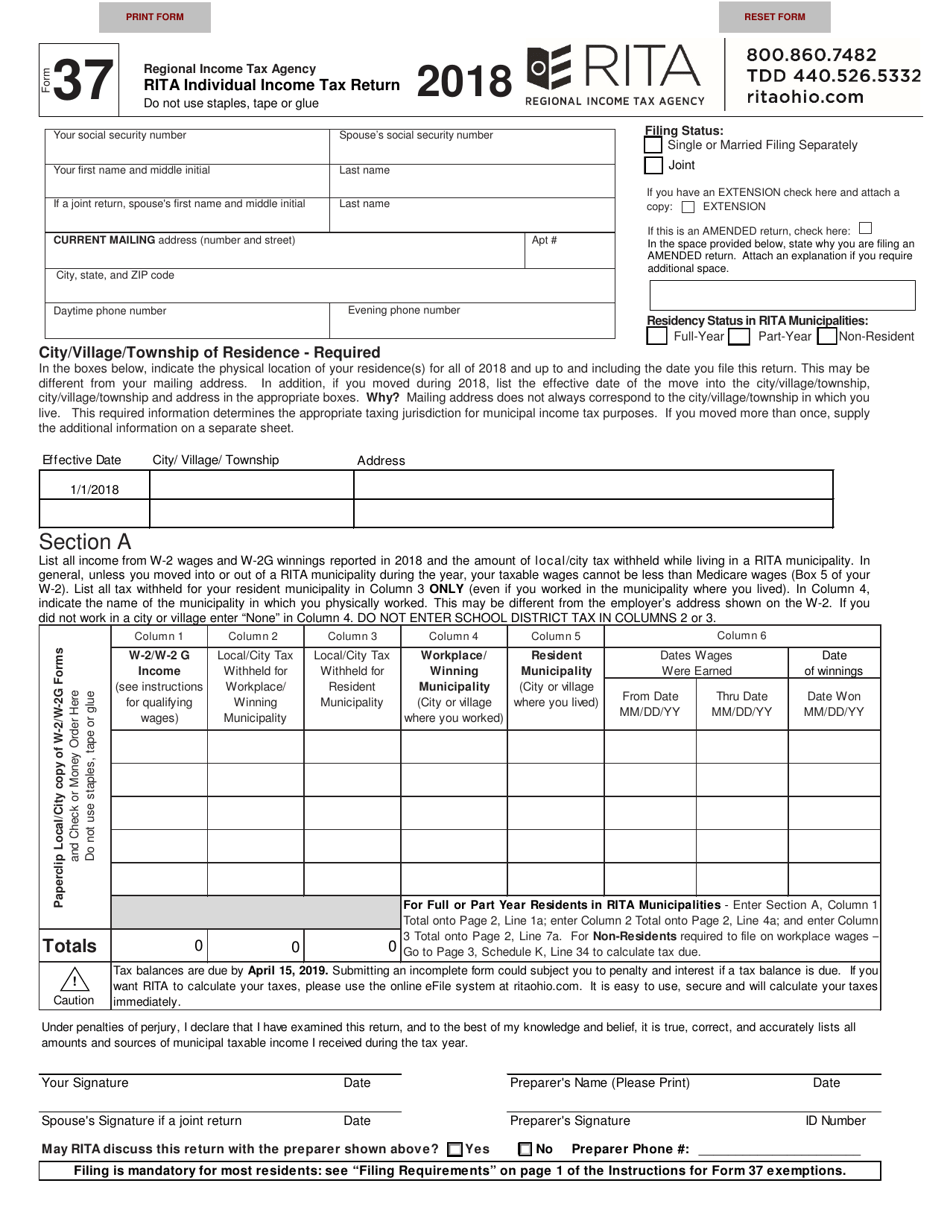 Form 37 Rita Individual Income Tax Return - Ohio, Page 1