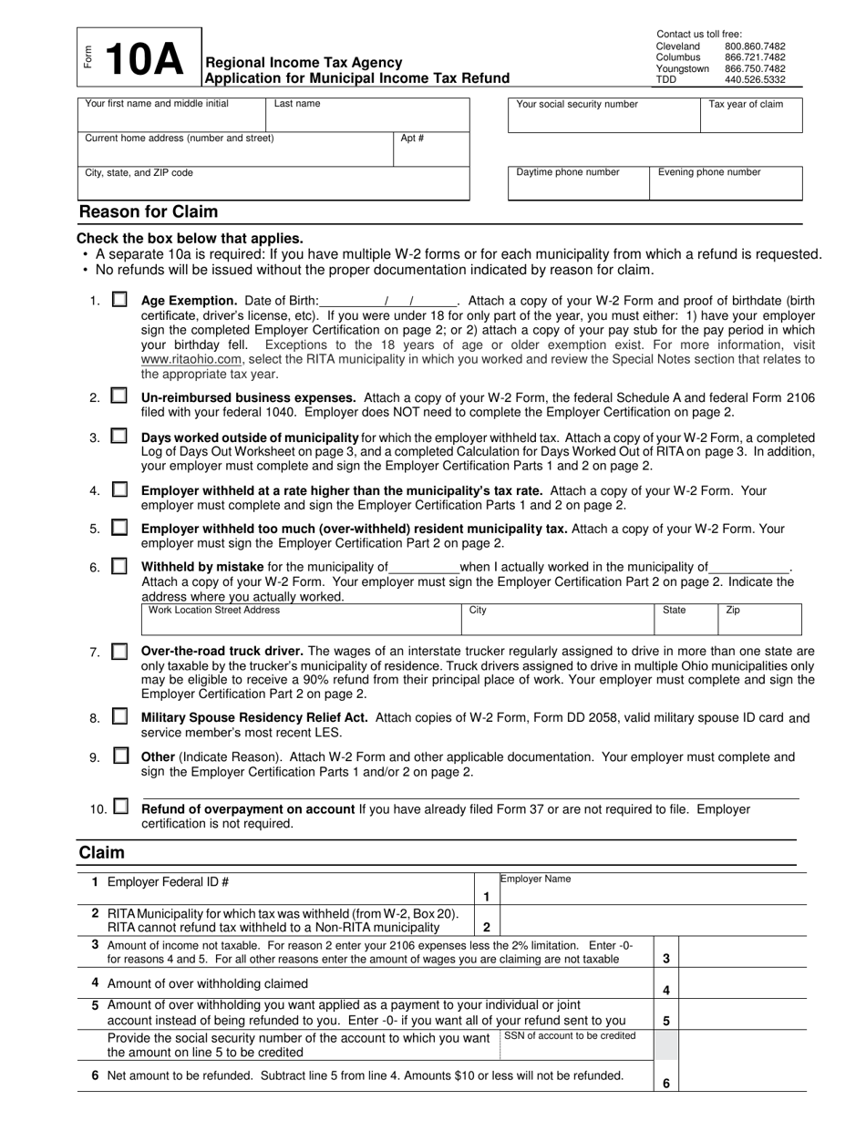 Form 10-A Application for Municipal Income Tax Refund - Ohio, Page 1