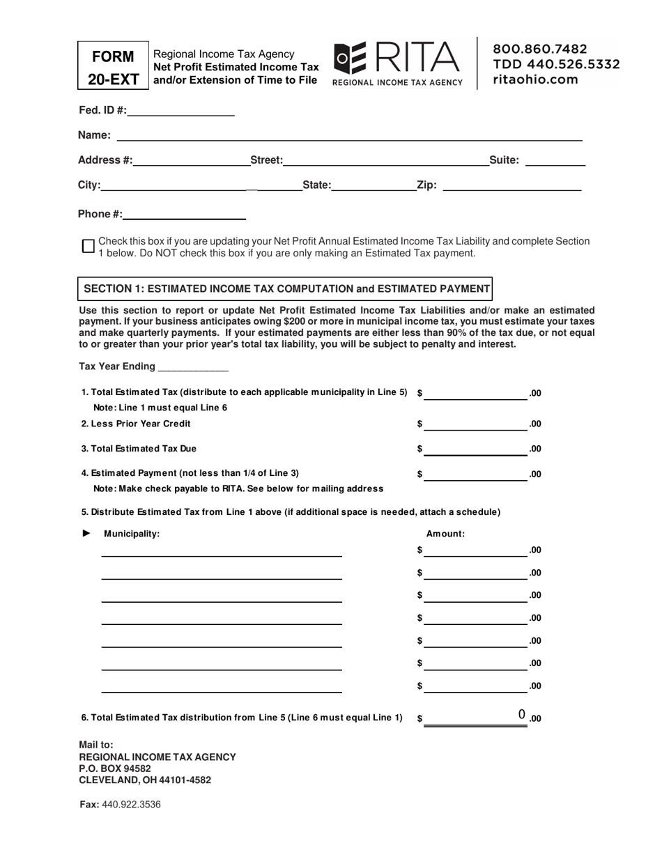 Form 20-EXT Net Profit Estimated Income Tax and / or Extension of Time to File - Ohio, Page 1