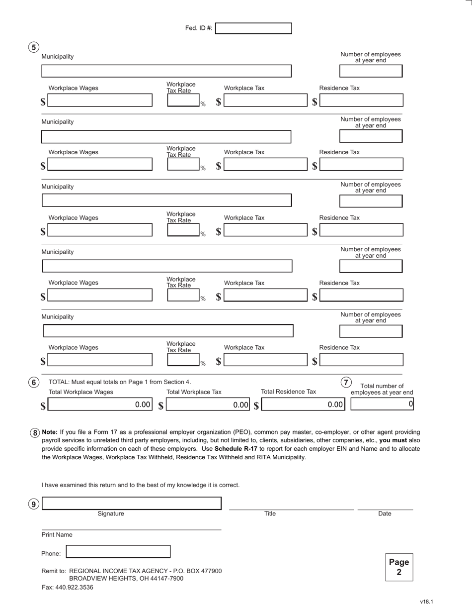 Form 17 Reconciliation of Income Tax Withheld and W-2 / 1099-misc Transmittal - Ohio, Page 2