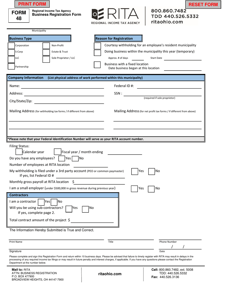 Form 48 Business Registration Form - Ohio, Page 1