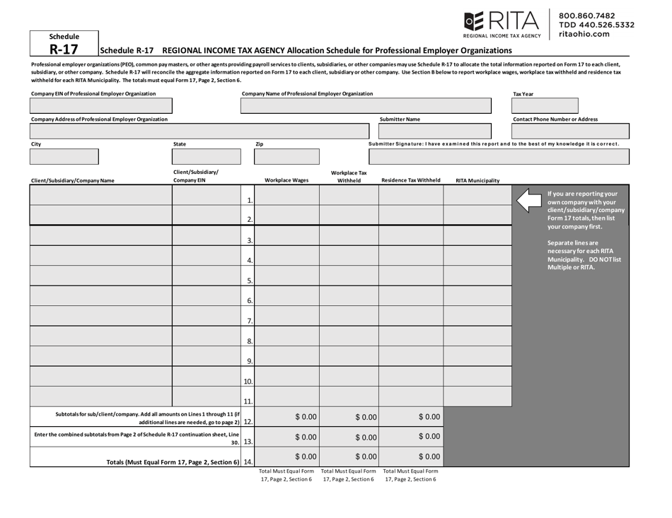 Schedule R-17 Regional Income Tax Agency Allocation Schedule for Professional Employer Organizations - Ohio, Page 1