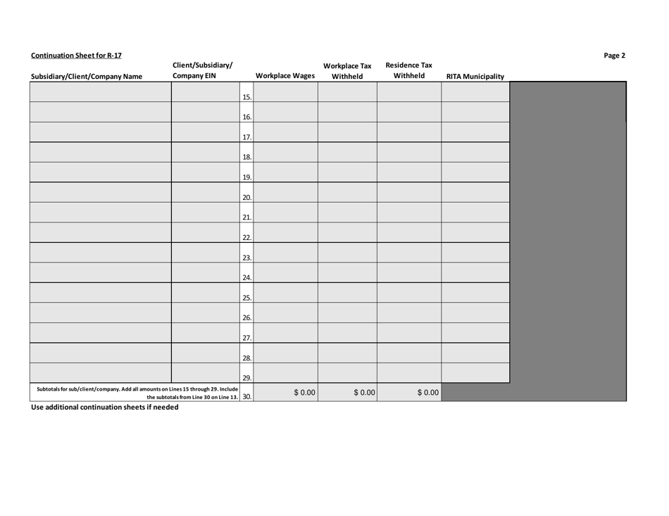 Schedule R-17 Regional Income Tax Agency Allocation Schedule for Professional Employer Organizations - Ohio, Page 2