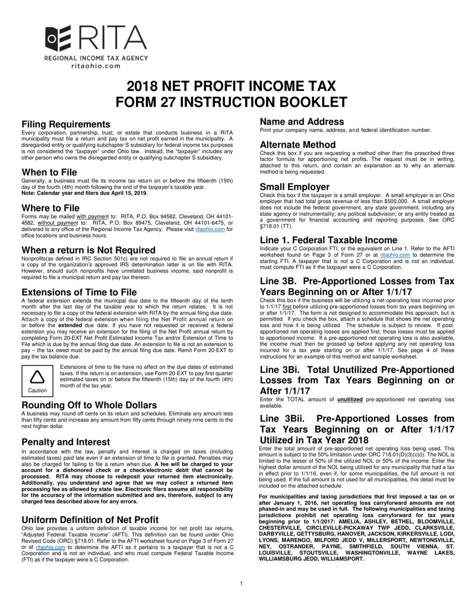 Instructions for Form 27 Net Profit Income Tax - Ohio, Page 1