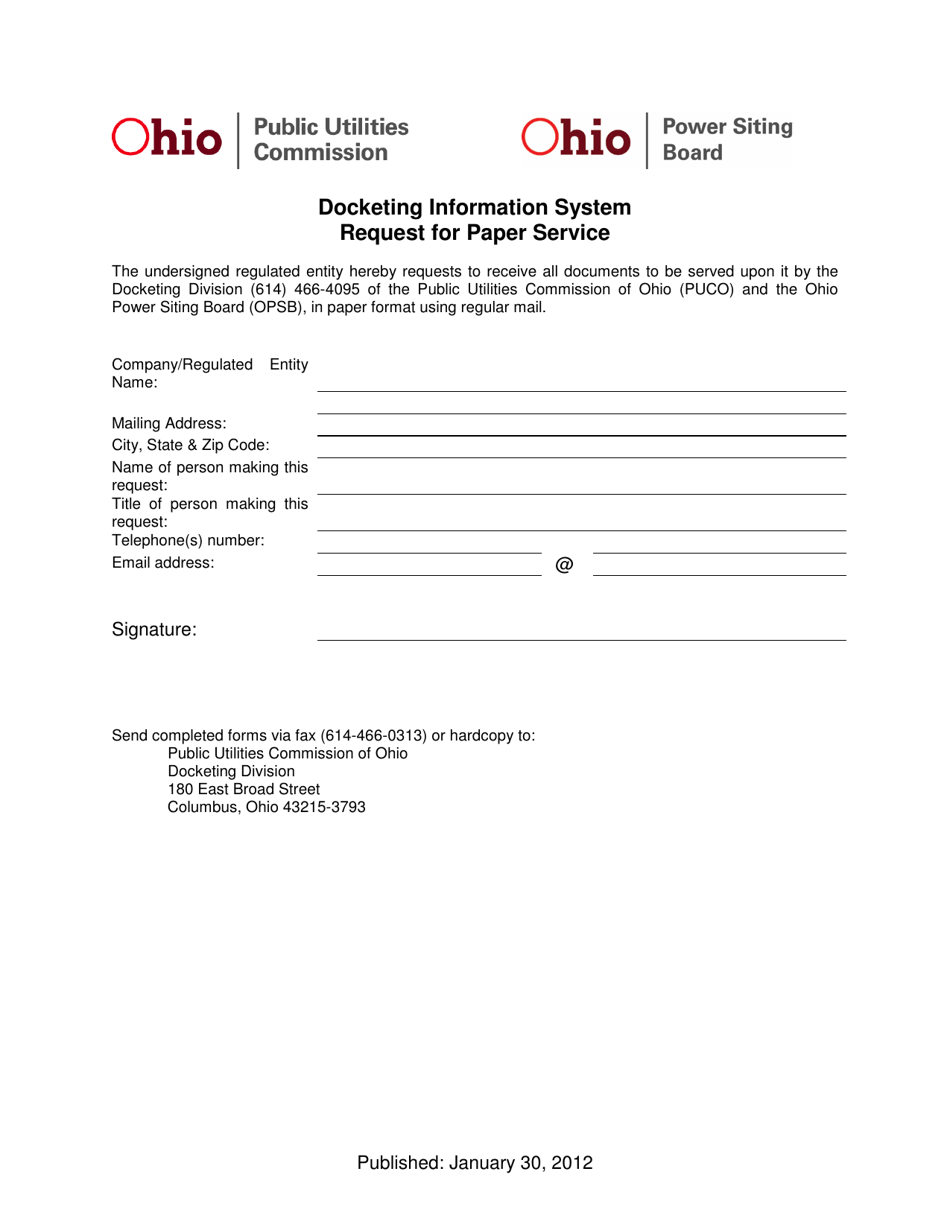 Docketing Information System Request for Paper Service - Ohio, Page 1