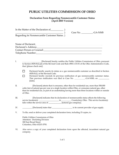 Declaration Form Regarding Nonmercantile Customer Status - Ohio Download Pdf