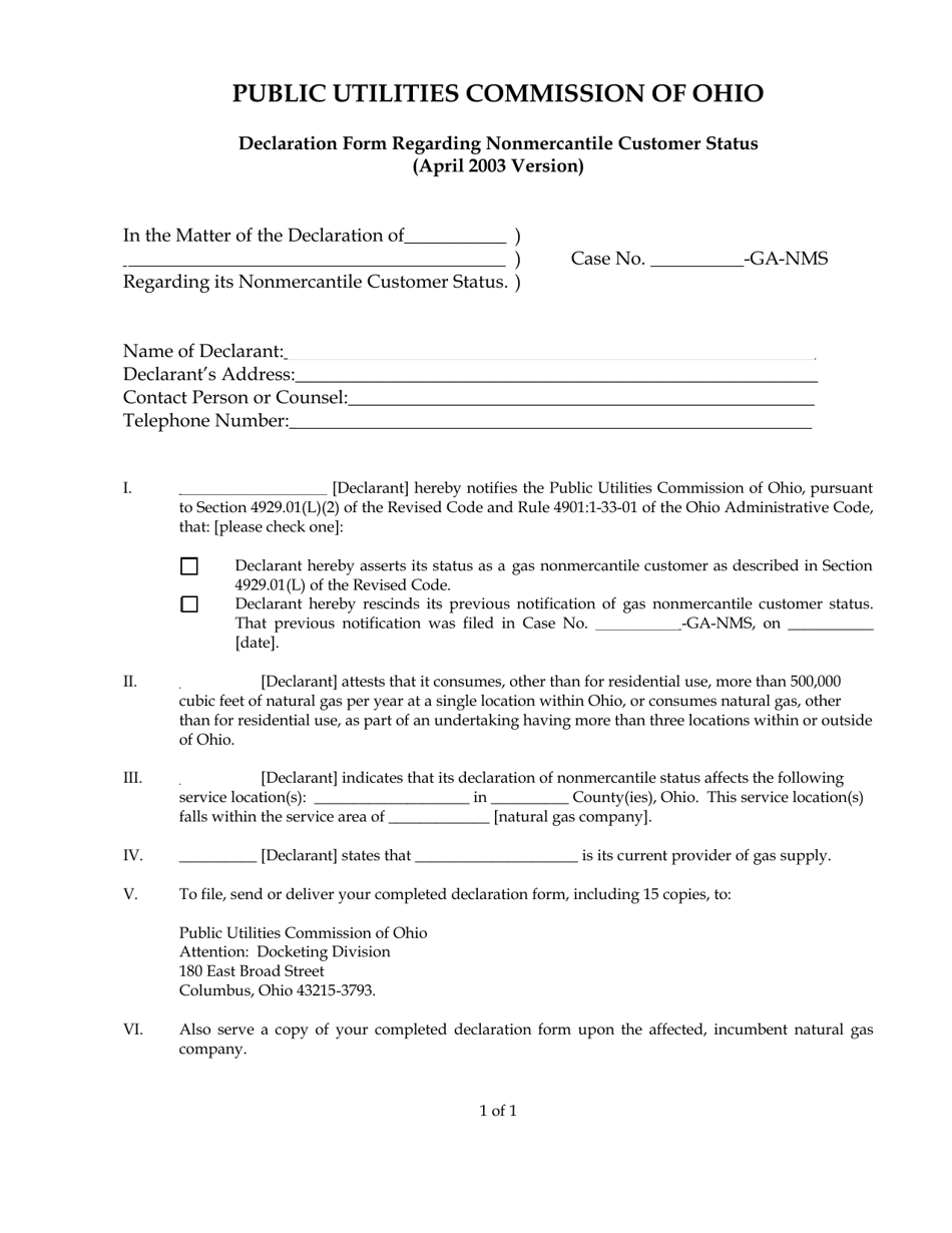 Declaration Form Regarding Nonmercantile Customer Status - Ohio, Page 1