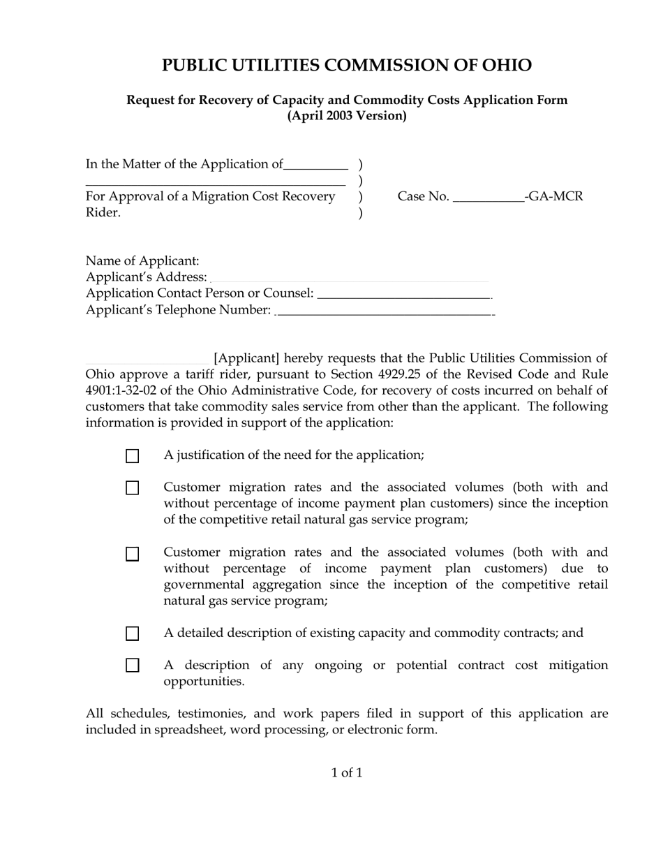 Request for Recovery of Capacity and Commodity Costs Application Form - Ohio, Page 1