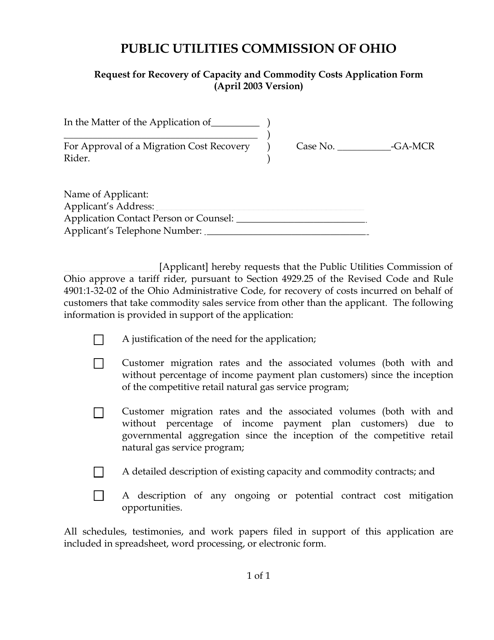 Request for Recovery of Capacity and Commodity Costs Application Form - Ohio