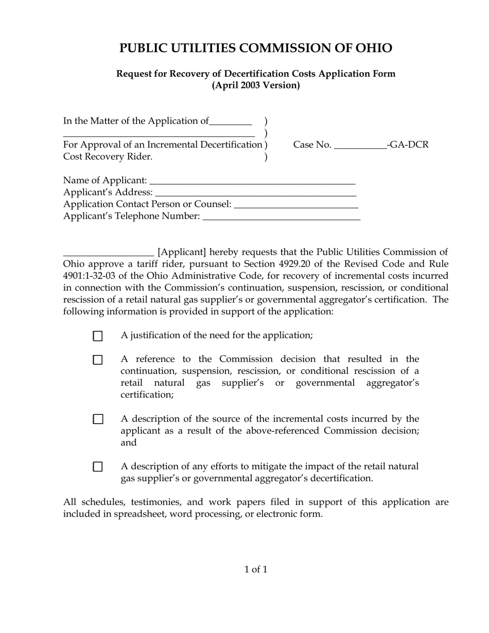Request for Recovery of Decertification Costs Application Form - Ohio, Page 1