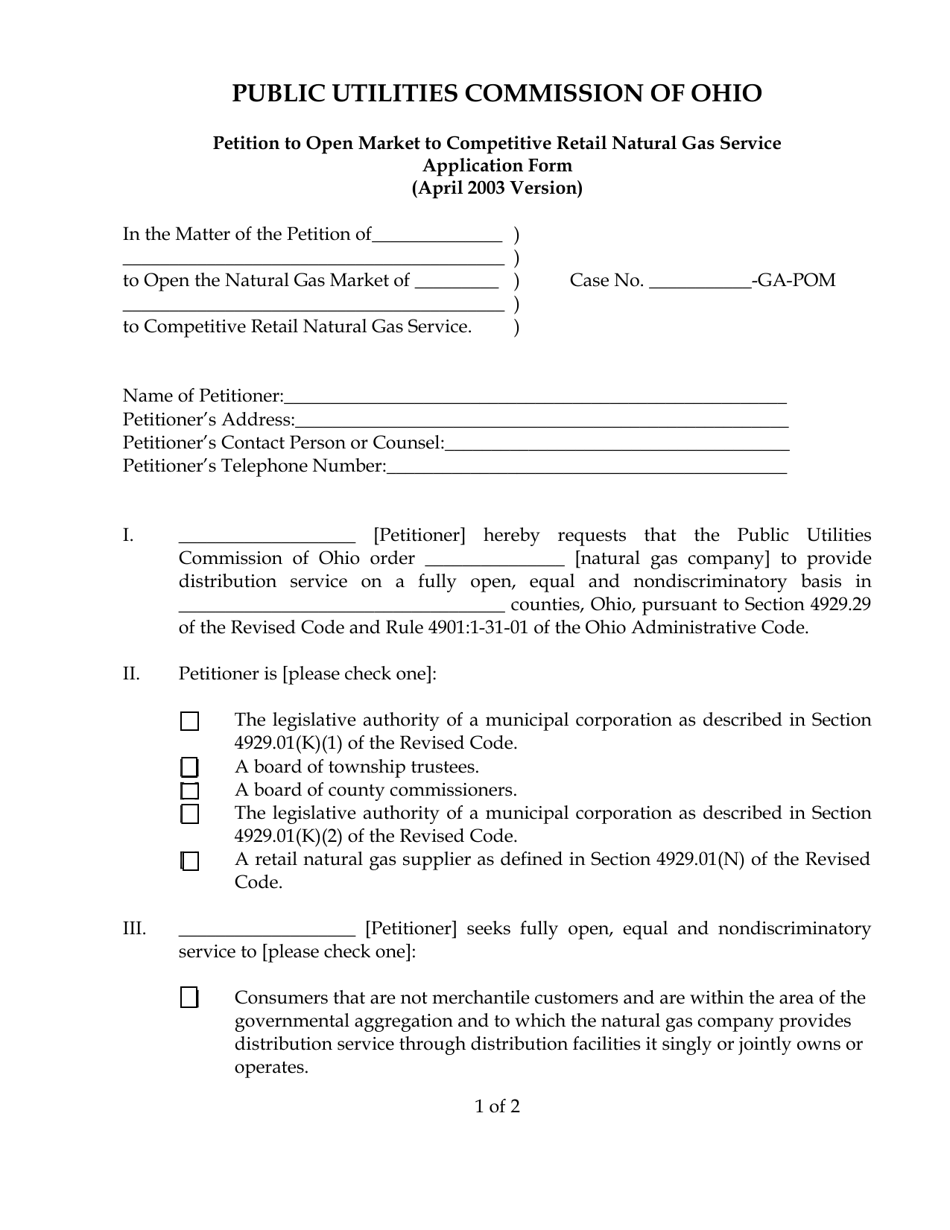 Petition to Open Market to Competitive Retail Natural Gas Service Application Form - Ohio, Page 1