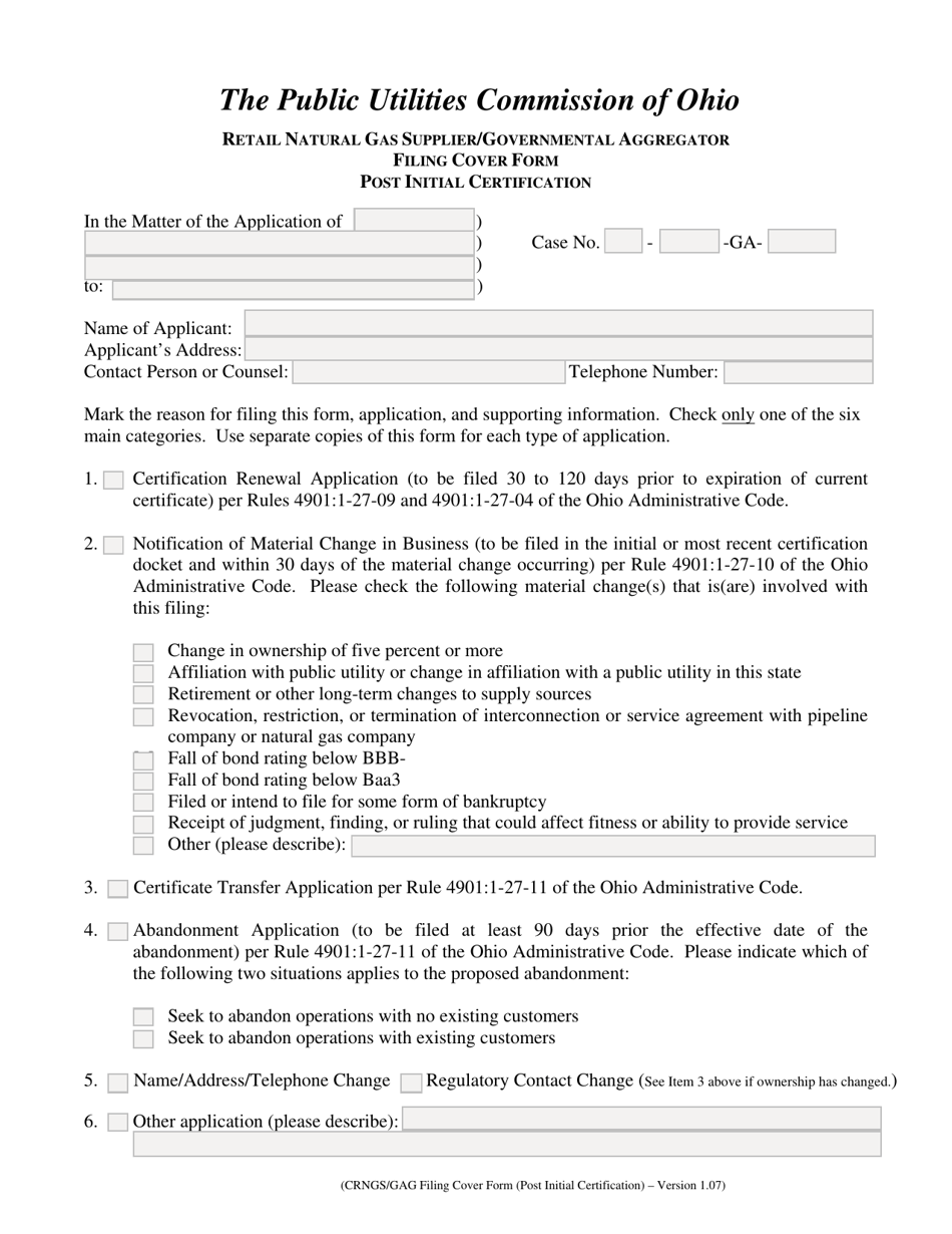 Retail Natural Gas Supplier / Governmental Aggregator Filing Cover Form - Post Initial Certification - Ohio, Page 1