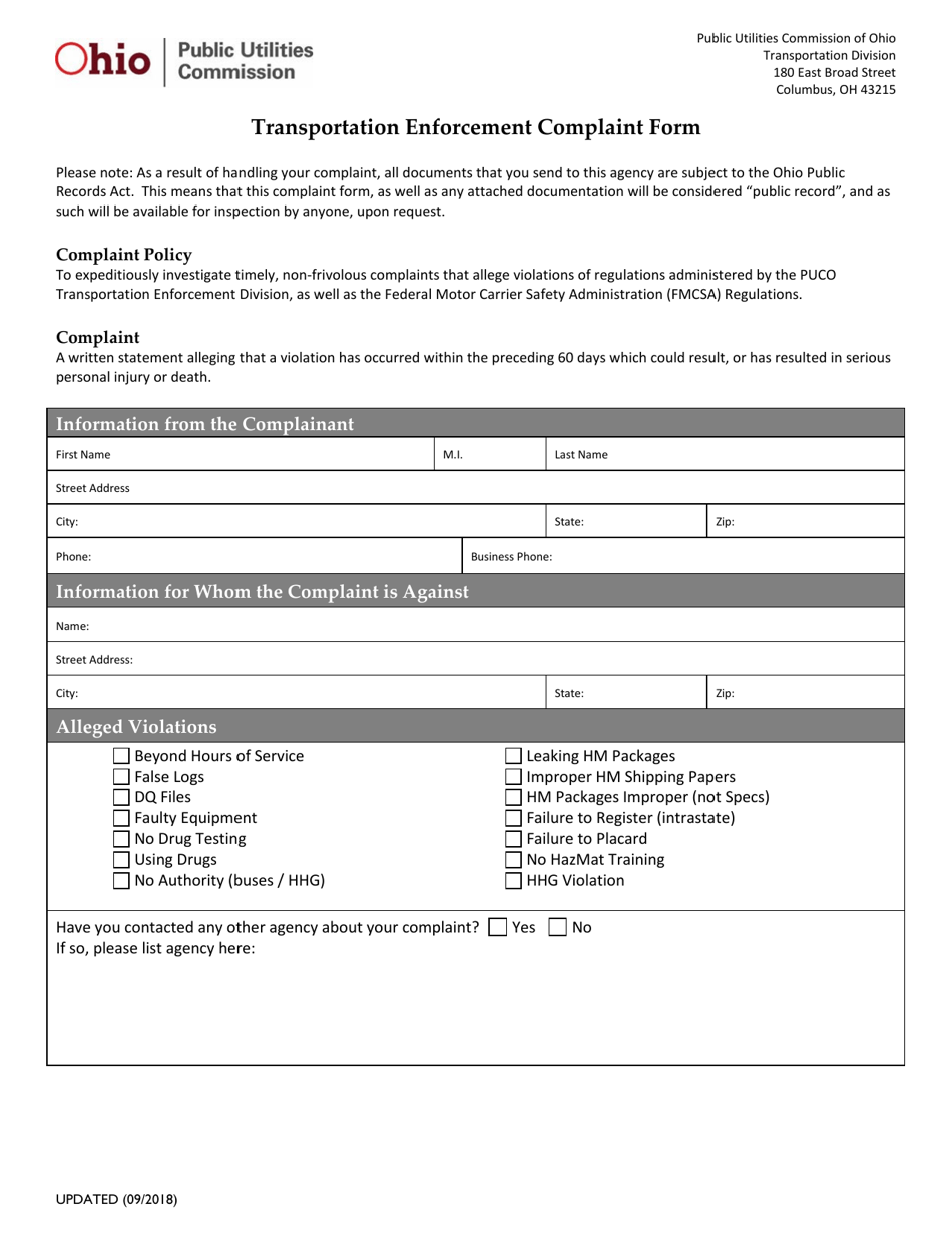 Transportation Enforcement Complaint Form - Ohio, Page 1