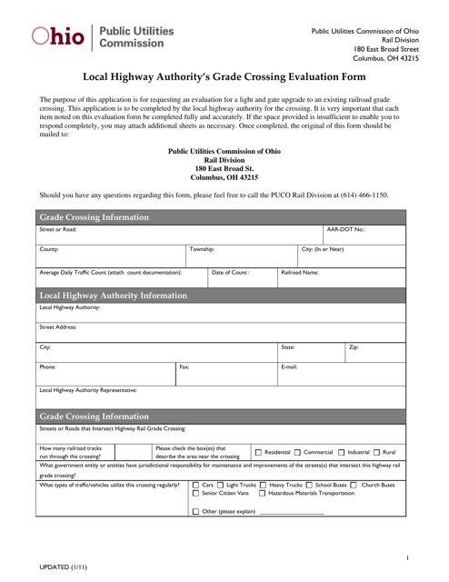 Local Highway Authority's Grade Crossing Evaluation Form - Ohio Download Pdf