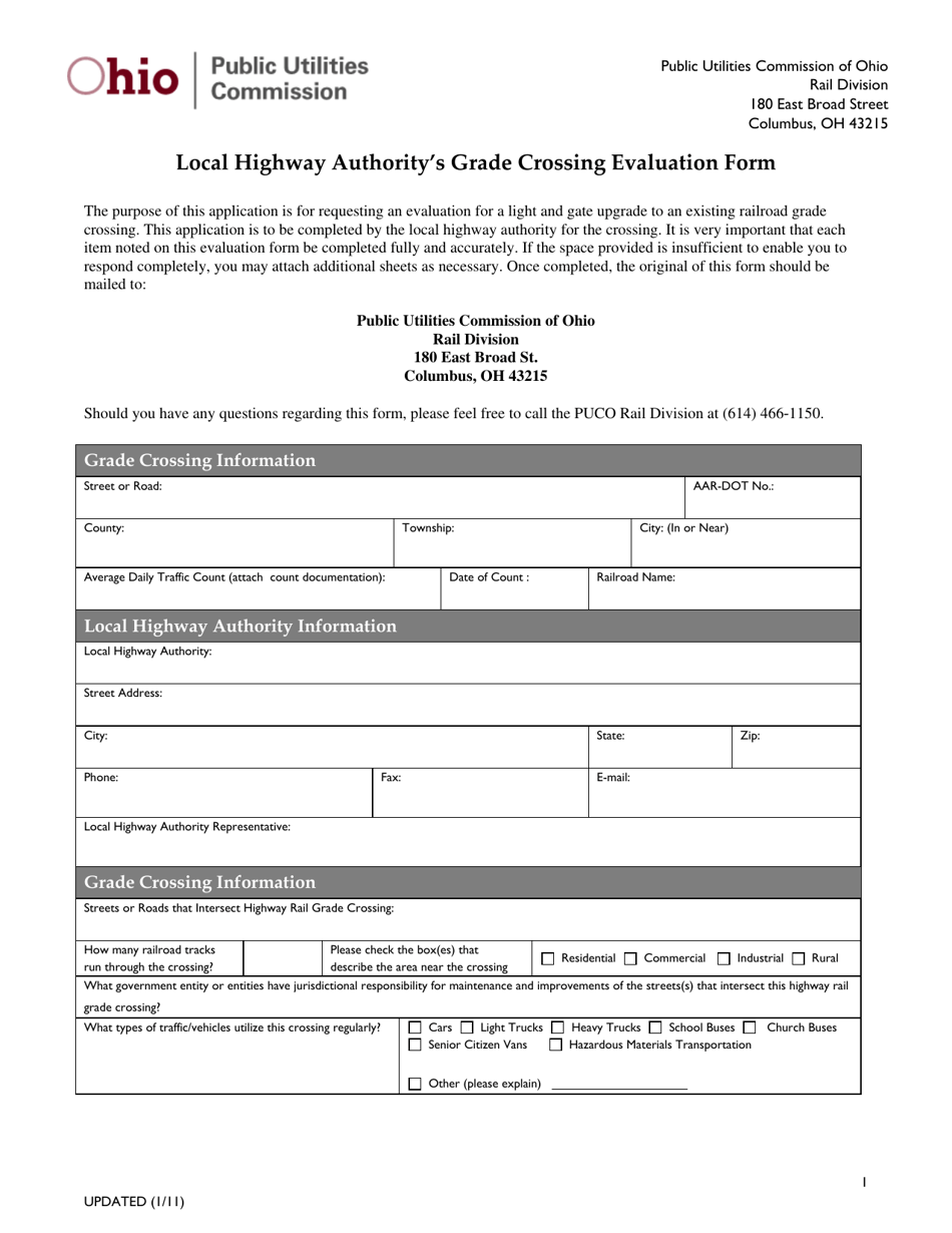 Local Highway Authoritys Grade Crossing Evaluation Form - Ohio, Page 1