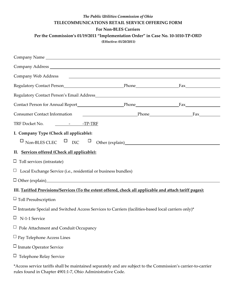 Telecommunications Retail Service Offering Form for Non-bles Carriers - Ohio, Page 1